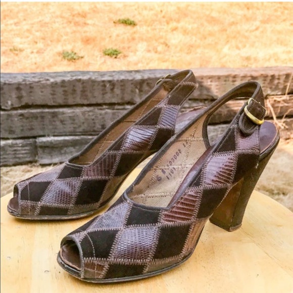 Rare Vintage 1940s Harlequin Peep Toe Heels 🐍 - Picture 1 of 7